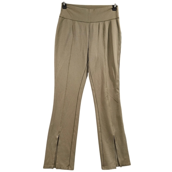 The Drop Women's SZ L High Rise Flare Leggings Sexy Split Hem Army Green Pants - Picture 2 of 14